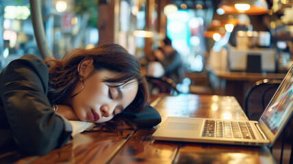 カフェで疲れてテーブルにうつ伏せて眠る日本の女性