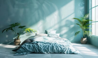 amazing bedroom minimal interior in light blue, homy decoration and beautiful serene light, very realistic and professional