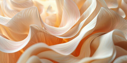 Abstract layered paper sculpture in soft peach and beige tones creating a mesmerizing and elegant artistic form with intricate curves and folds

