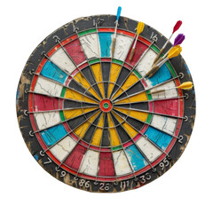 Obraz premium Bullseye with darts stuck in the center,&nbsp;white background