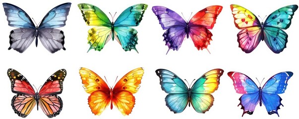 beautiful illustration set of butterflies rainbow colored scattered and isolated on a white background