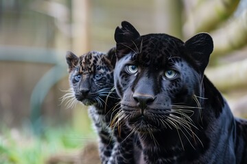 A black panther with a cub