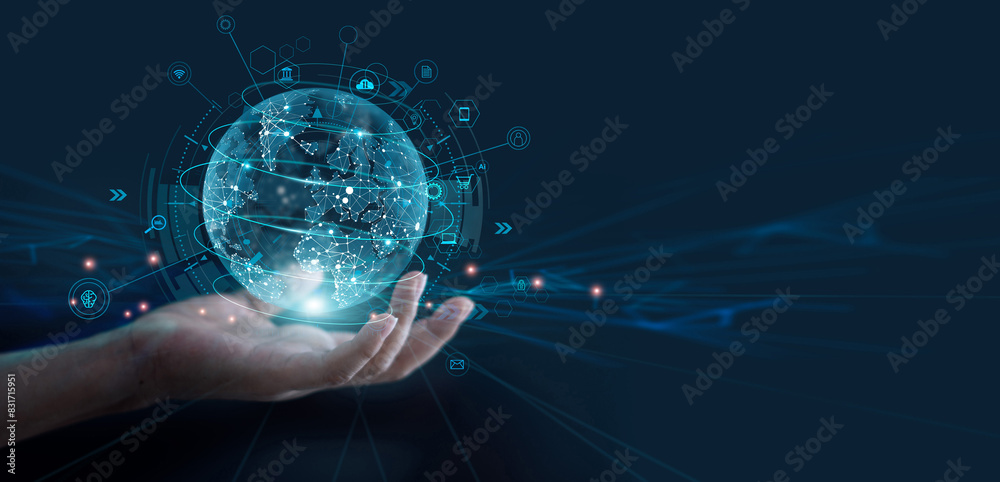 Fototapete Hand holding globe with network connecting data of digital technology, cloud computing and ai artificial intelligence develop smart information transformant and global business development.