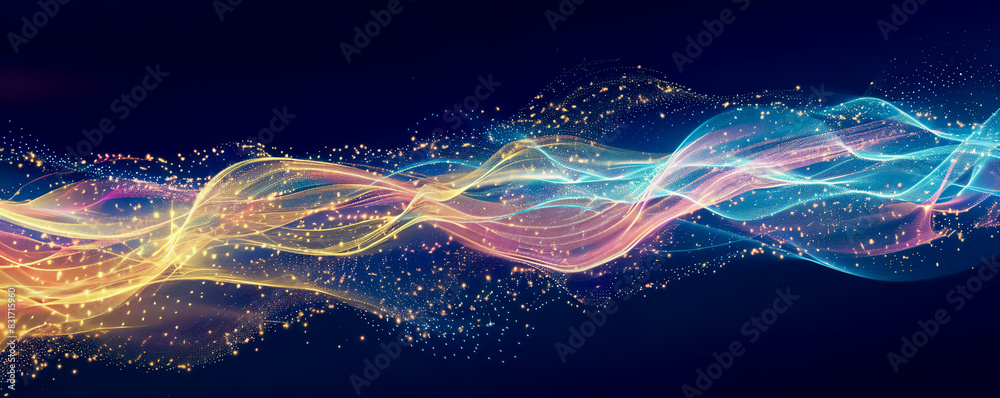 Wall mural selective focus swirl glowing particles light beams.flowing of algorithm binary computer code.abstract background of vibrant light luminous line with big data information or cloud technology.