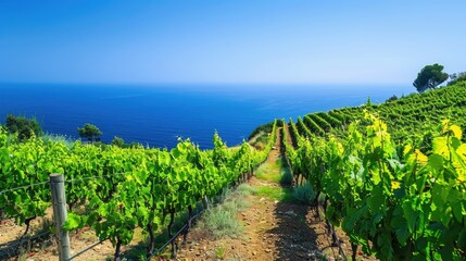 Naklejka premium Images of a vineyard with a pathway and clear blue skies