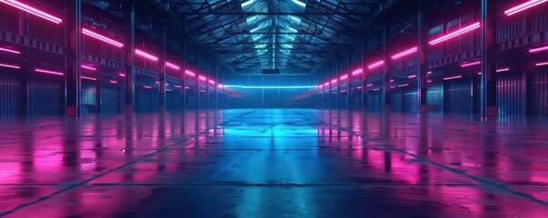 dark large studio warehouse in amazing neon blue and pink lights