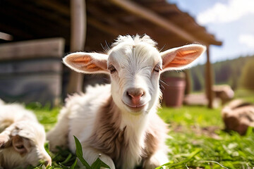 Obraz premium white goat on green grass