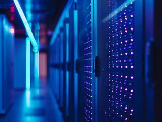 Fototapeta premium Futuristic data center aglow with blue neon hues