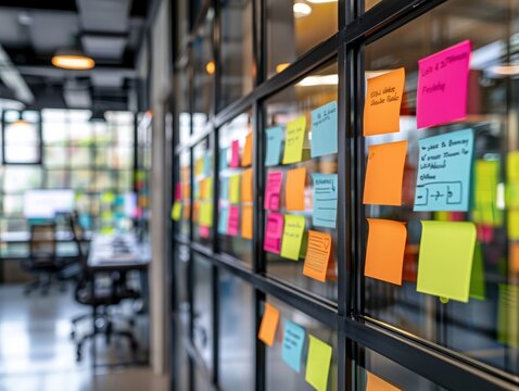 Colorful memos animate modern office glass wall