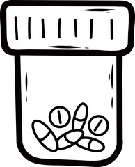 Medical container with pills and vitamins. Vector illustration in doodle style.