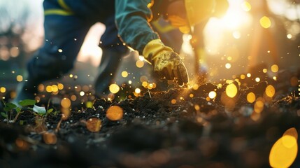 Workers in protective gear carefully extracting digital coins from the earth using specialized tools.