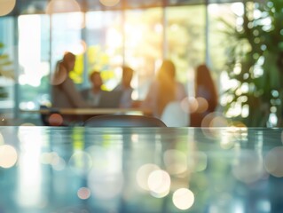 Professions discussing amidst the sunlit blur of a conference room