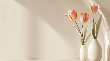 Minimalist digital illustration of pastel pink and orange tulips in an elegant white vase, framed by an arch-shaped border. tranquility and simplicity