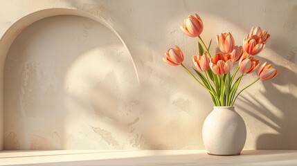 Minimalist digital illustration of pastel pink and orange tulips in an elegant white vase, framed by an arch-shaped border. tranquility and simplicity © nicole