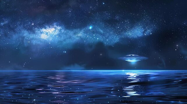 Ufo in night sky and ocean