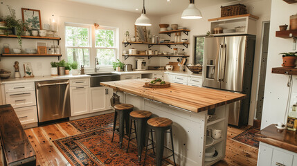 A cozy and inviting kitchen with ample storage, stainless steel appliances, and a butcher block island perfect for family meals.