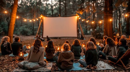 Community gathering for outdoor movie screening on large screen  enjoying cinema under the stars