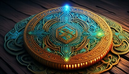  A detailed illustration of a golden cryptocurrency coin with intricate blockchain patterns,