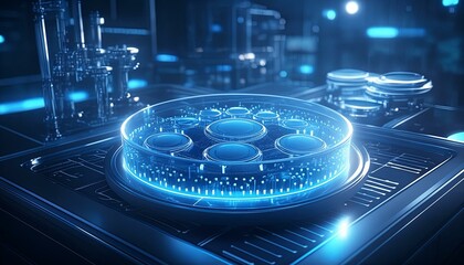 a glowing petri dish with genetically modified cells, with a sleek, futuristic lab environment 