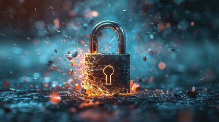 A padlock shatters with digital fragments flying around, symbolizing a security breach. Data breach or hacking illustration.