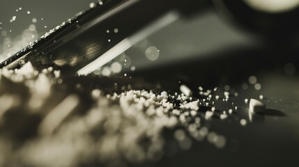 Macro shot of a pill being cut, crisp focus on the blade and powder, dramatic lighting 