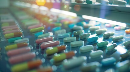 Obraz premium Close-up on digital pill counter in pharmacy, precise focus, clinical bright light 