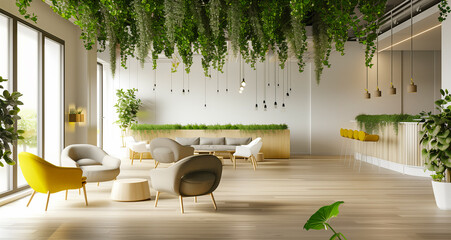 A modern open office space with greenery atmospher and ecofriendly design, showcasing an organic modern style.