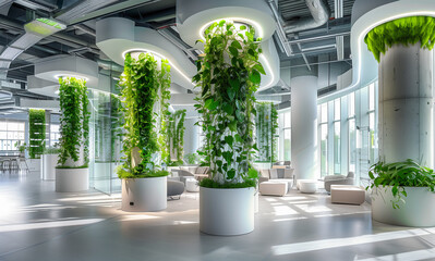 A modern open office space with greenery atmospher and ecofriendly design, showcasing an organic modern style.