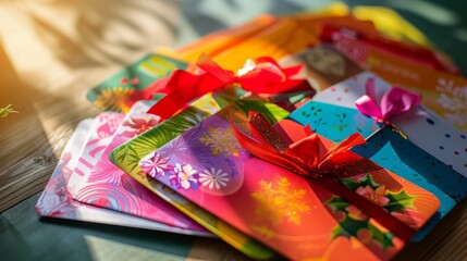 Pile of colorful gift-wrapped cards.