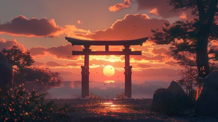 Traditional Japanese shrine with torii gate at sunset
