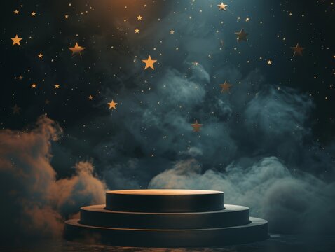 Celestial fog swirls around a mystical podium under twinkling stars