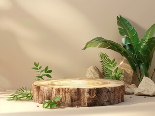 Obraz premium Wooden podium surrounded by soothing greenery