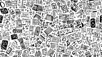 Seamless doodles in black and white featuring hand-drawn ancient scripts,