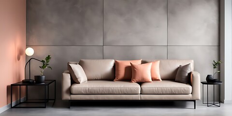  Peach fuzz trend color year 2024 in the premium livingroom. Painted mockup wall for art - microcement pastel beige taupe colour. Modern room design interior lounge. Accent apricot pillows. 3d render 