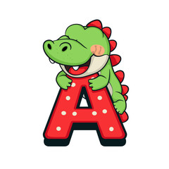 A playful cartoon alligator perched on a red letter A with polka dots
