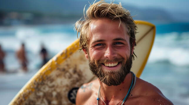Happy tan surfer dude on the beach in the summer.