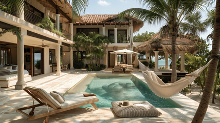 Fototapeta premium Secluded beachfront villa with a private pool, sun loungers, and a hammock swaying between palm trees.