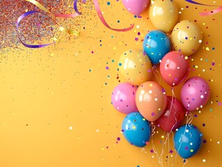 Carnival Atmosphere Fills Upper Left Edge with Balloons Streamers Confetti on Saffron Minimalist