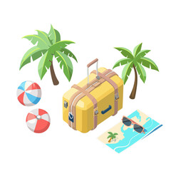 Fototapeta premium A collection of beach vacation items scattered on the sand, including a suitcase, sunglasses, map, beach balls, and palm trees