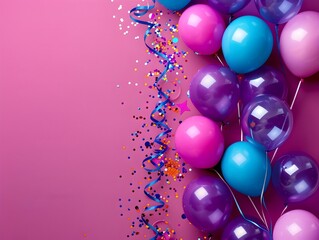 Carnival Atmosphere Fills Minimalist Magenta Background with Balloons Streamers and Confetti
