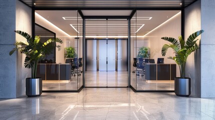 Obraz premium Green plants and glass doors in an office lobby