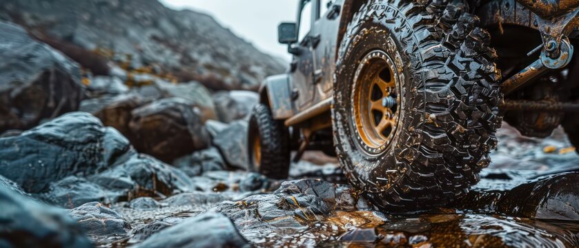 4x4 off-road vehicle rock climbing with a close-up of the wheels gripping in rough rocks