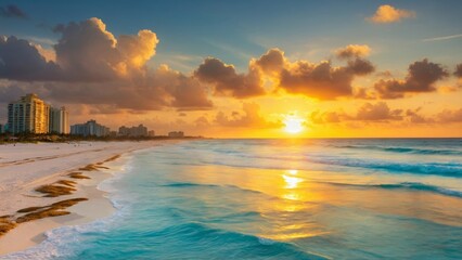 Urban beach sunrise high-rise buildings silhouetted against warm sky