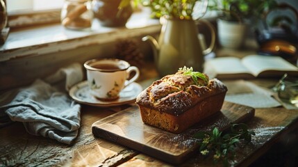 A rustic scene with a fresh loaf of banana bread and a cup of tea, wooden table, warm morning light, inviting and cozy atmosphere, professional food styling and photography Sony A7R III 35mm lens