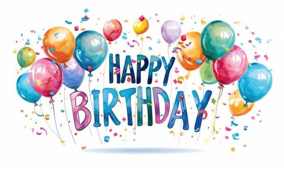 happy birthday illustration wallpaper in colorful letters balloons on a white background 