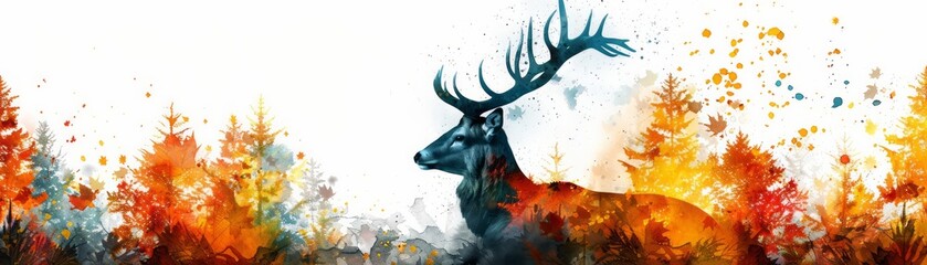 Watercolor painting of a stag with large antlers standing in a field of fire.