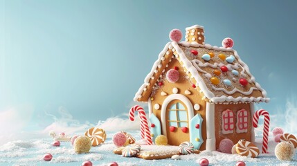 3D cartoon illustration of a gingerbread house adorned with colorful candy decorations, set against an isolated color background with ample copy space.  whimsical and festive essence of holiday treats