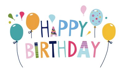 happy birthday illustration wallpaper in colorful letters balloons on a white background 