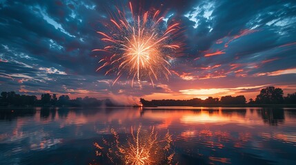 Majestic fireworks display above a serene lake, reflections on water, red, white, and blue bursts, photorealistic, high detail