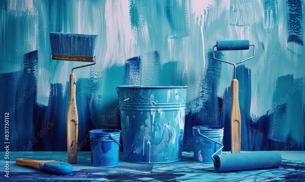 Wall mural amazing realistic diy wallpaper of a bucket of blue paint and painter tools, funny scenery